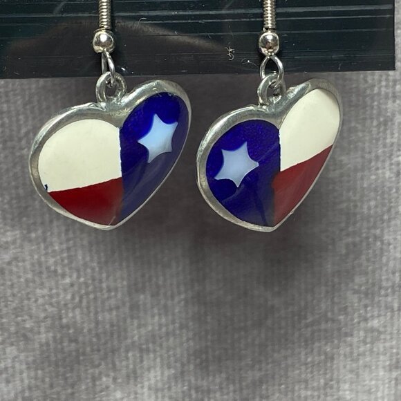 Heart Shaped Star Earrings With Texas Flag Design & Silver Tone Hooks - Picture 9 of 10